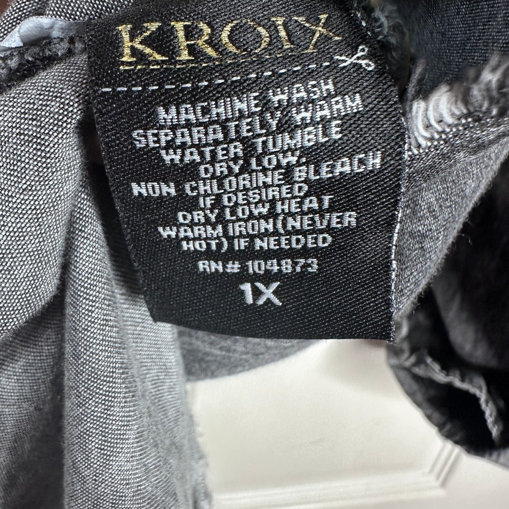 KROIX Distressed Denim Shirt Women 1X Grey Excellent High Low Acid Wash Longline - Picture 6 of 12